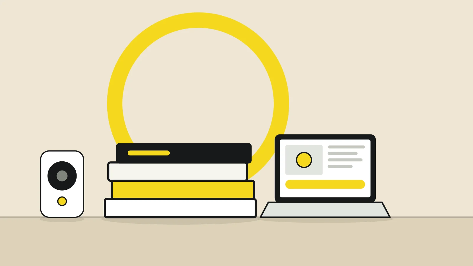 Illustration: a stack of magazines, a laptop and a compact speaker on a tabletop against a sand-colored background, with a yellow accent