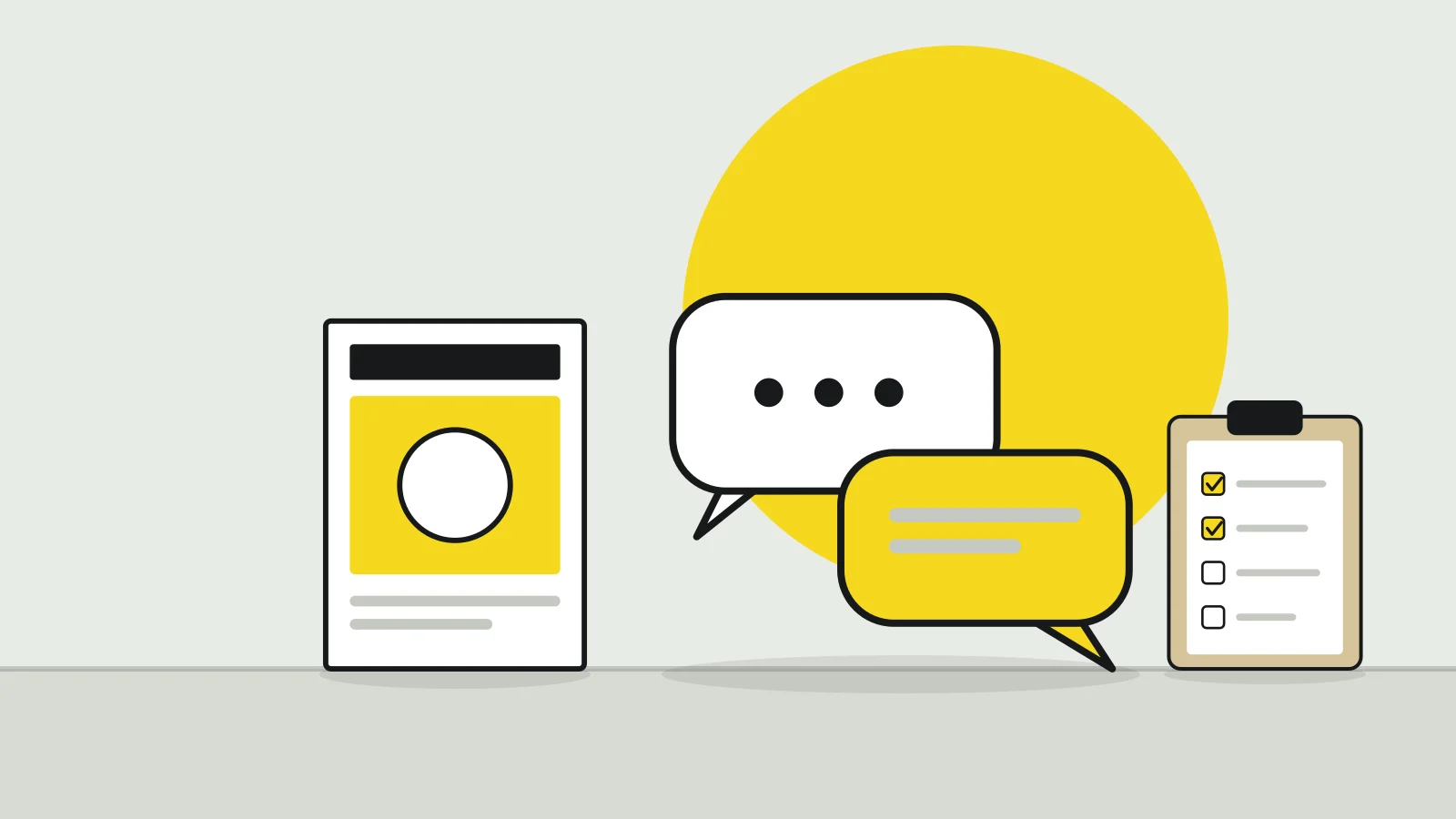 Illustration: two speech bubbles, a magazine and a clipboard with a checklist on a tabletop against a pale grey background, with a yellow accent