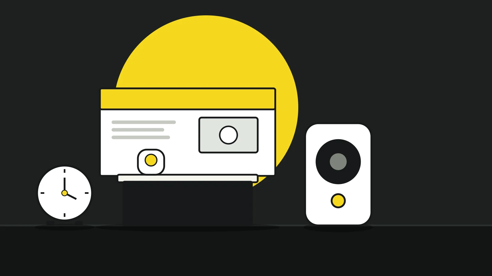 Illustration: an exhibition booth, a compact speaker and a desk clock on a tabletop against a dark background, with a yellow accent
