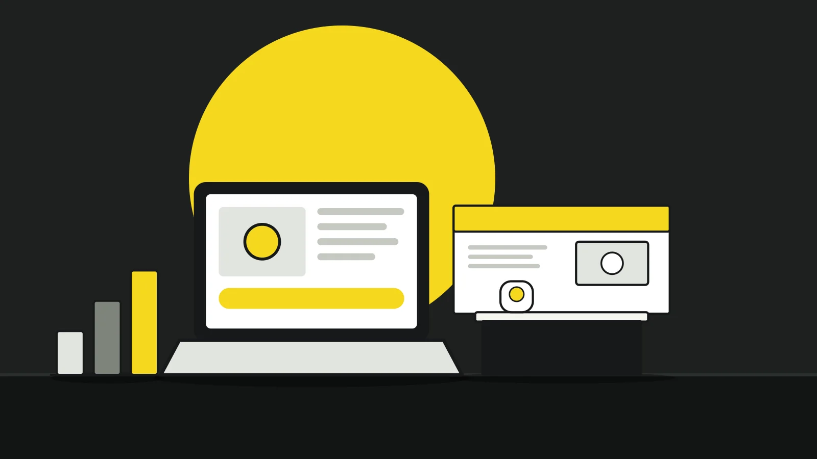 Illustration: a laptop, an exhibition booth and a bar chart on a tabletop against a dark background, with a yellow accent