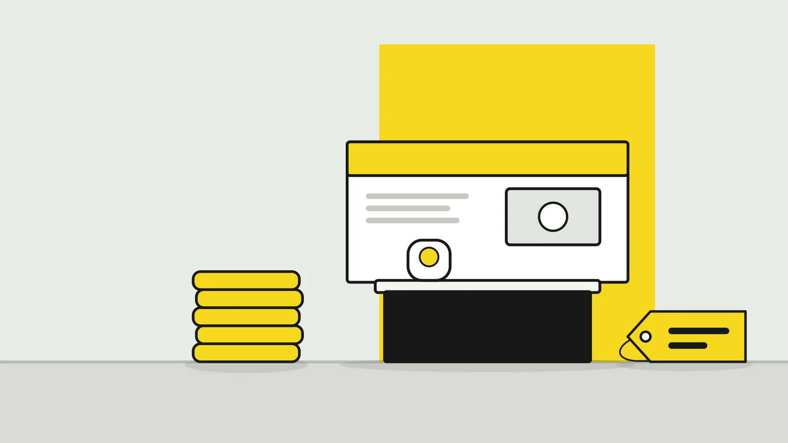 Illustration: an exhibition booth, a stack of coins and a price tag on a tabletop against a pale grey background, with a yellow accent