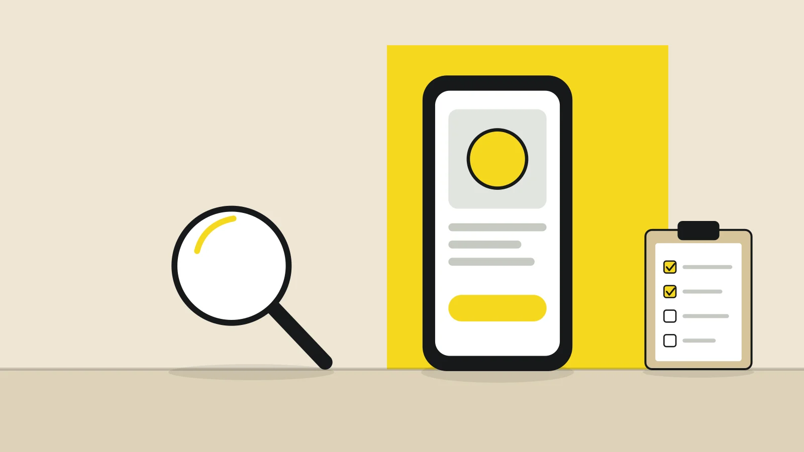 Illustration: a smartphone showing a product page, a magnifying glass and a clipboard with a checklist on a tabletop against a sand-colored background, with a yellow accent
