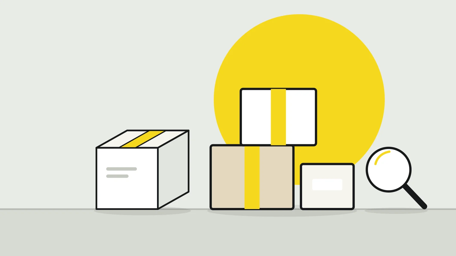 Illustration: stacked parcels, a product box and a magnifying glass on a tabletop against a pale grey background, with a yellow accent
