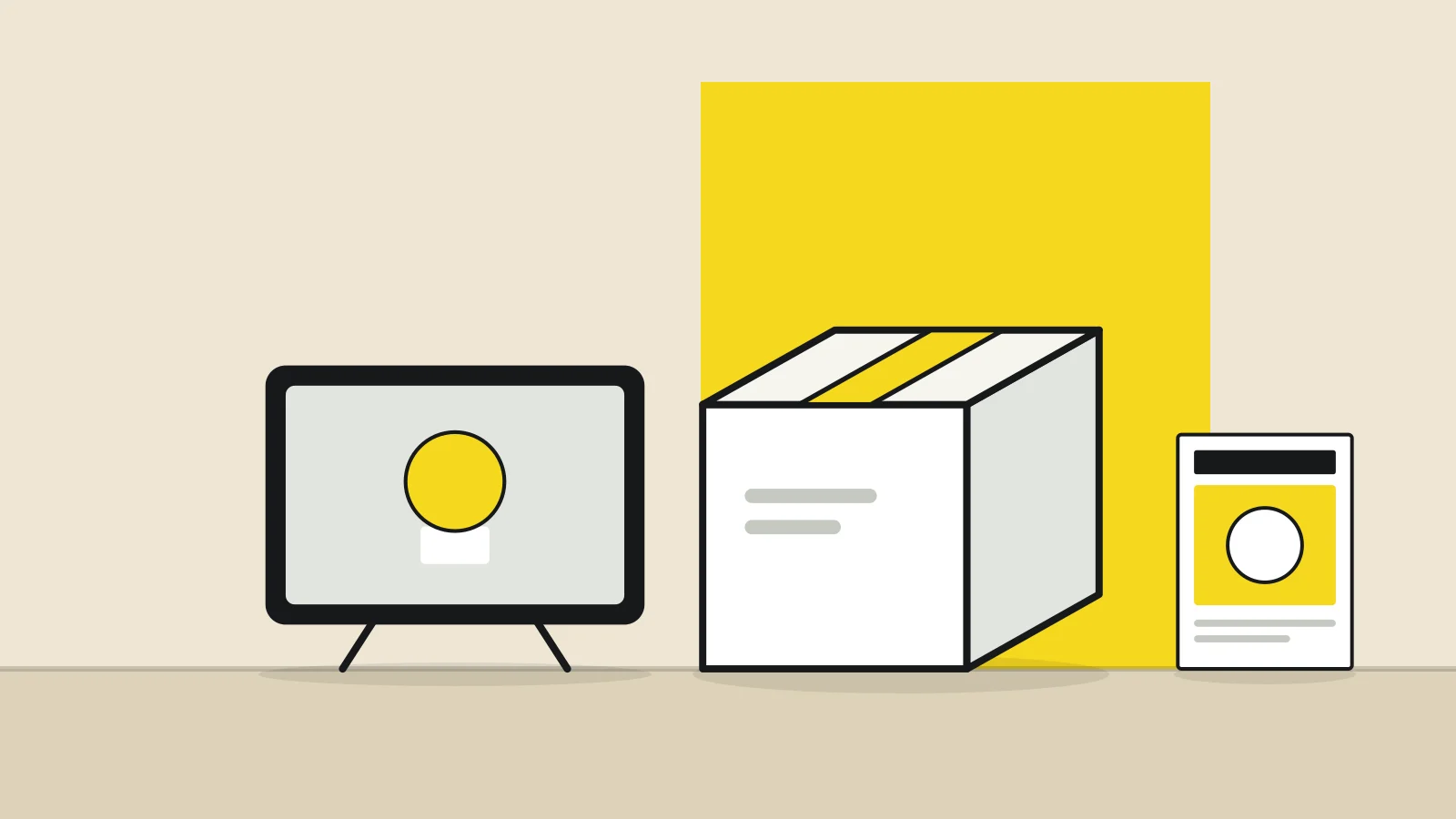 Illustration: a product box, a television and a magazine on a tabletop against a sand-colored background, with a yellow accent