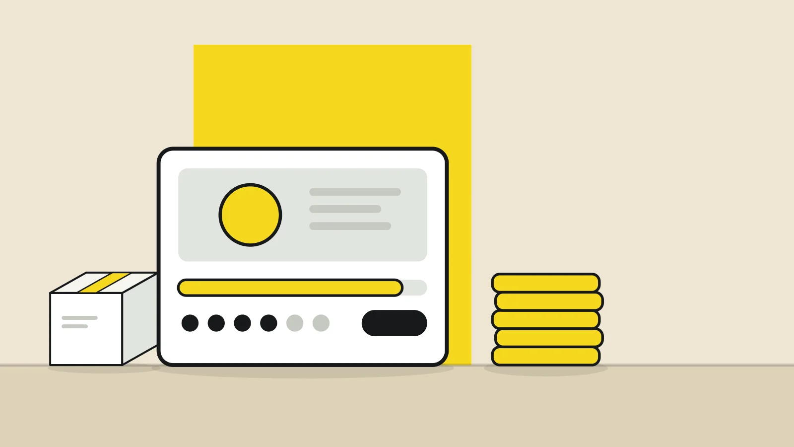 Illustration: a crowdfunding campaign card with a progress bar, a stack of coins and a product box on a tabletop against a sand-colored background, with a yellow accent