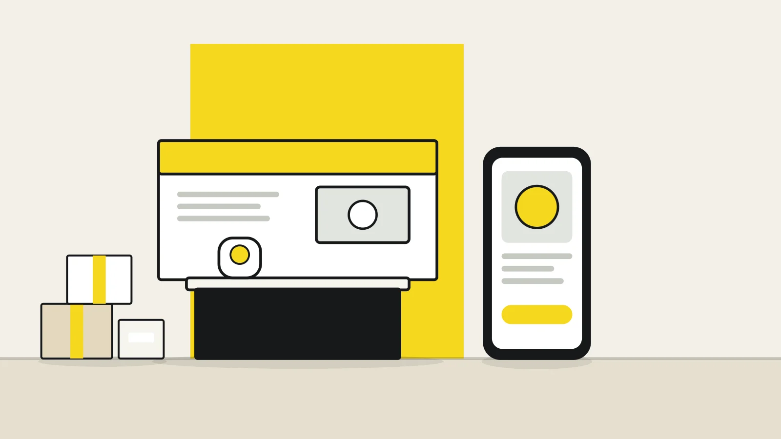Illustration: an exhibition booth, a smartphone showing a product page and stacked parcels on a tabletop against a cream background, with a yellow accent
