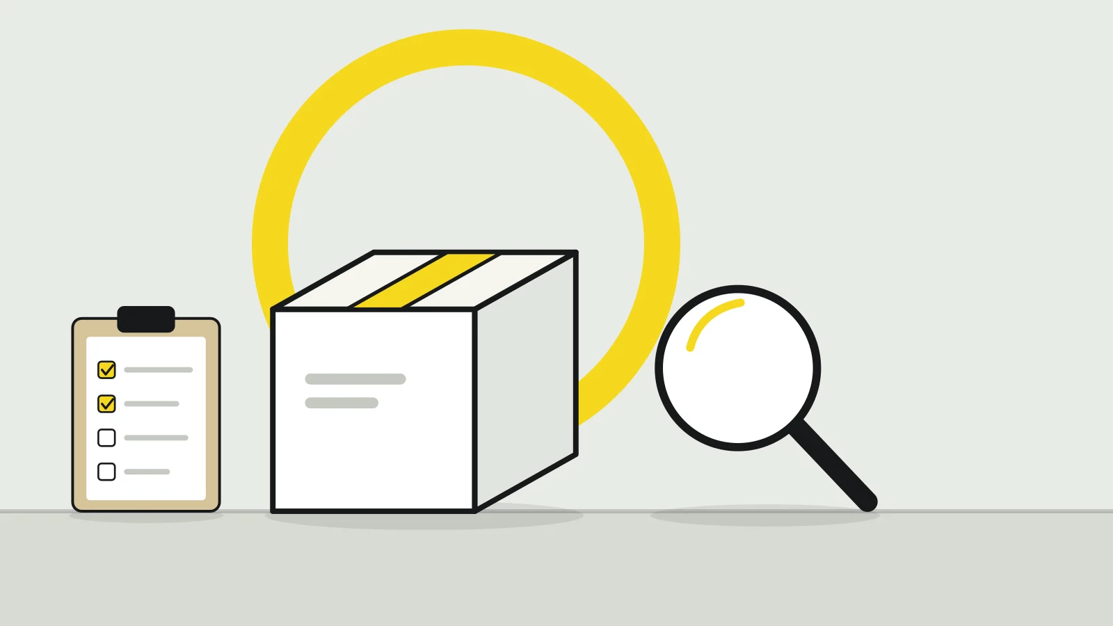 Illustration: a product box, a magnifying glass and a clipboard with a checklist on a tabletop against a pale grey background, with a yellow accent