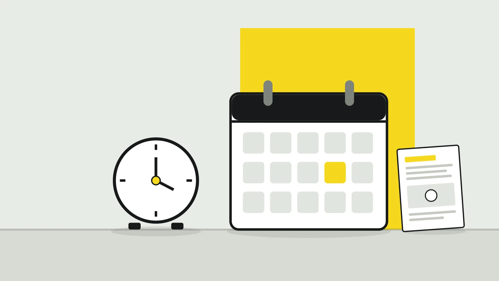 Illustration: a calendar, a desk clock and a press release sheet on a tabletop against a pale grey background, with a yellow accent