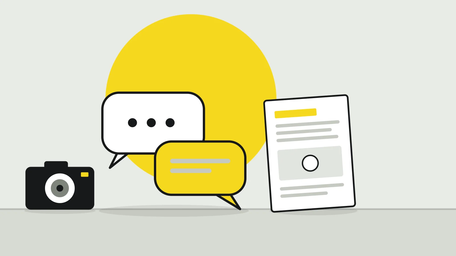 Illustration: two speech bubbles, a press release sheet and a camera on a tabletop against a pale grey background, with a yellow accent