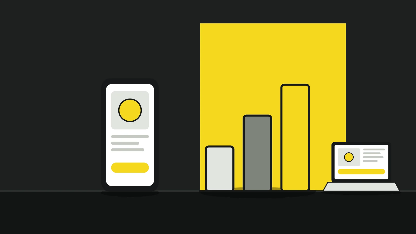 Illustration: a bar chart, a smartphone showing a product page and a laptop on a tabletop against a dark background, with a yellow accent