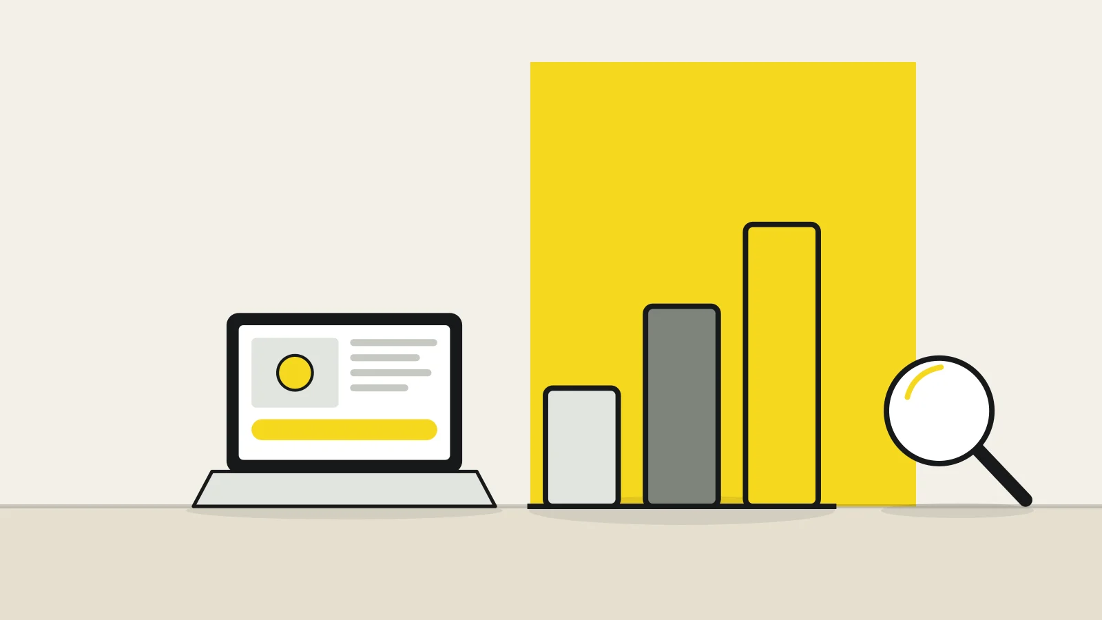 Illustration: a bar chart, a laptop and a magnifying glass on a tabletop against a cream background, with a yellow accent