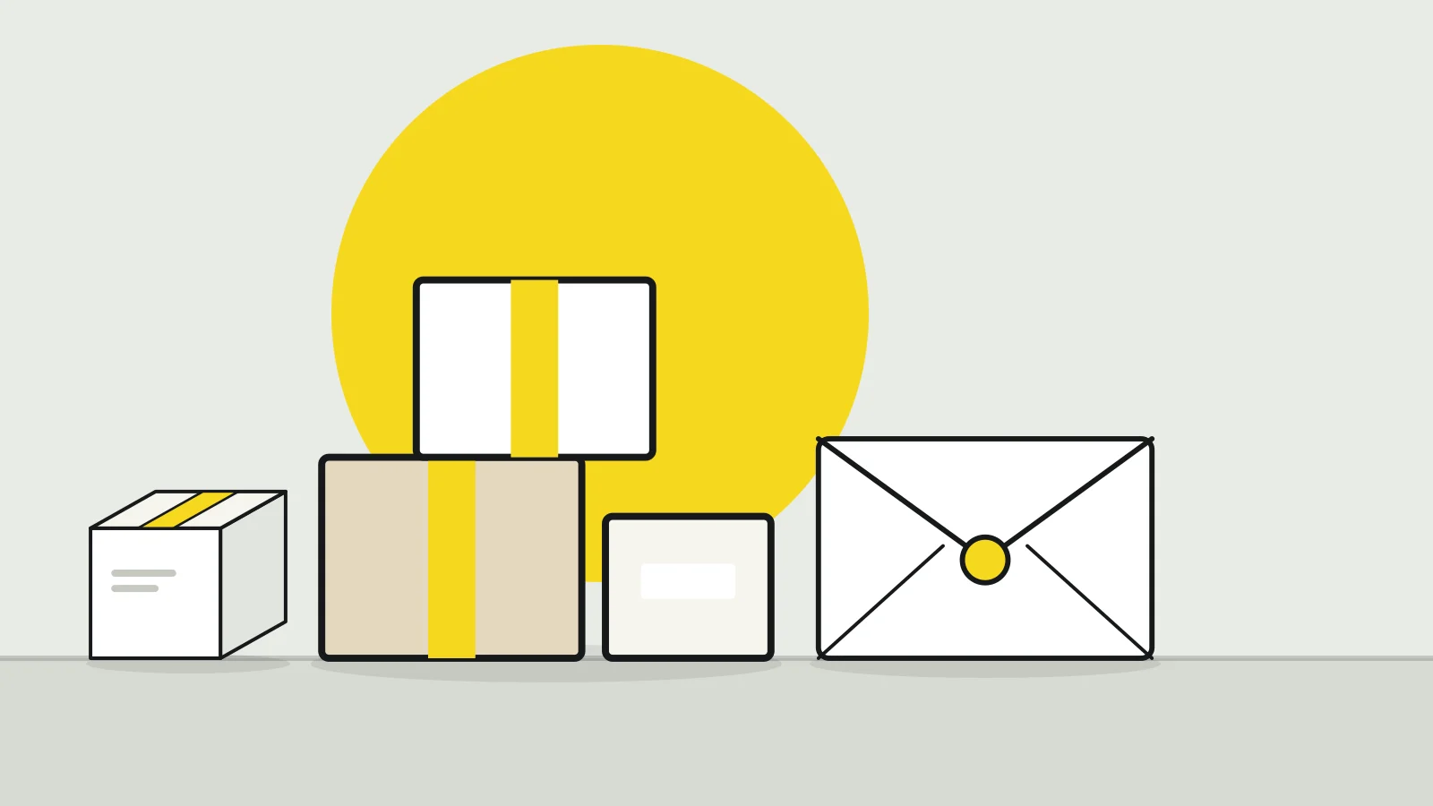 Illustration: stacked parcels, an envelope and a product box on a tabletop against a pale grey background, with a yellow accent
