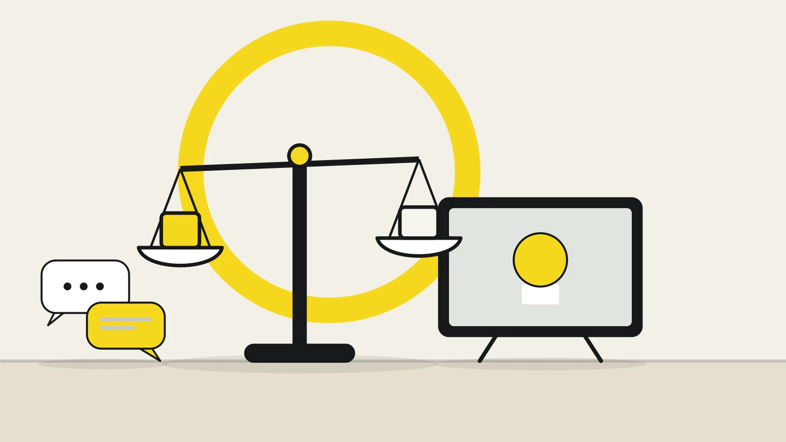 Illustration: a balance scale, a television and two speech bubbles on a tabletop against a cream background, with a yellow accent