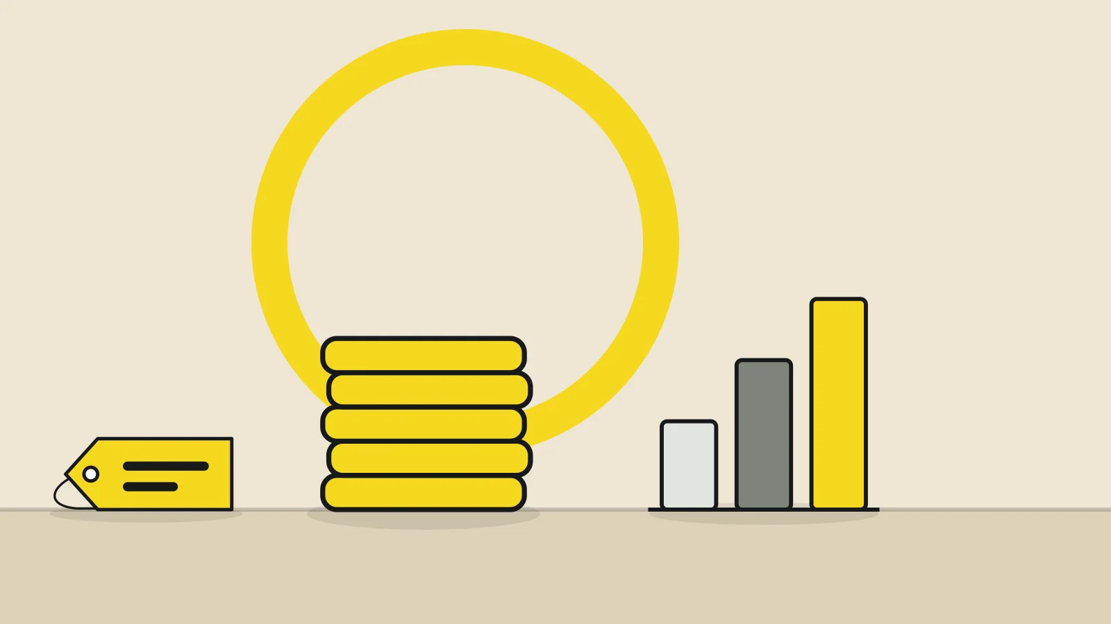 Illustration: a stack of coins, a bar chart and a price tag on a tabletop against a sand-colored background, with a yellow accent