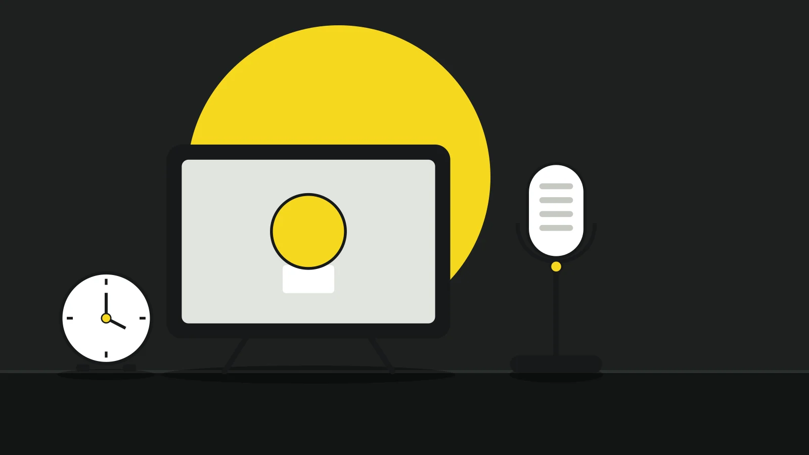 Illustration: a television, a microphone and a desk clock on a tabletop against a dark background, with a yellow accent