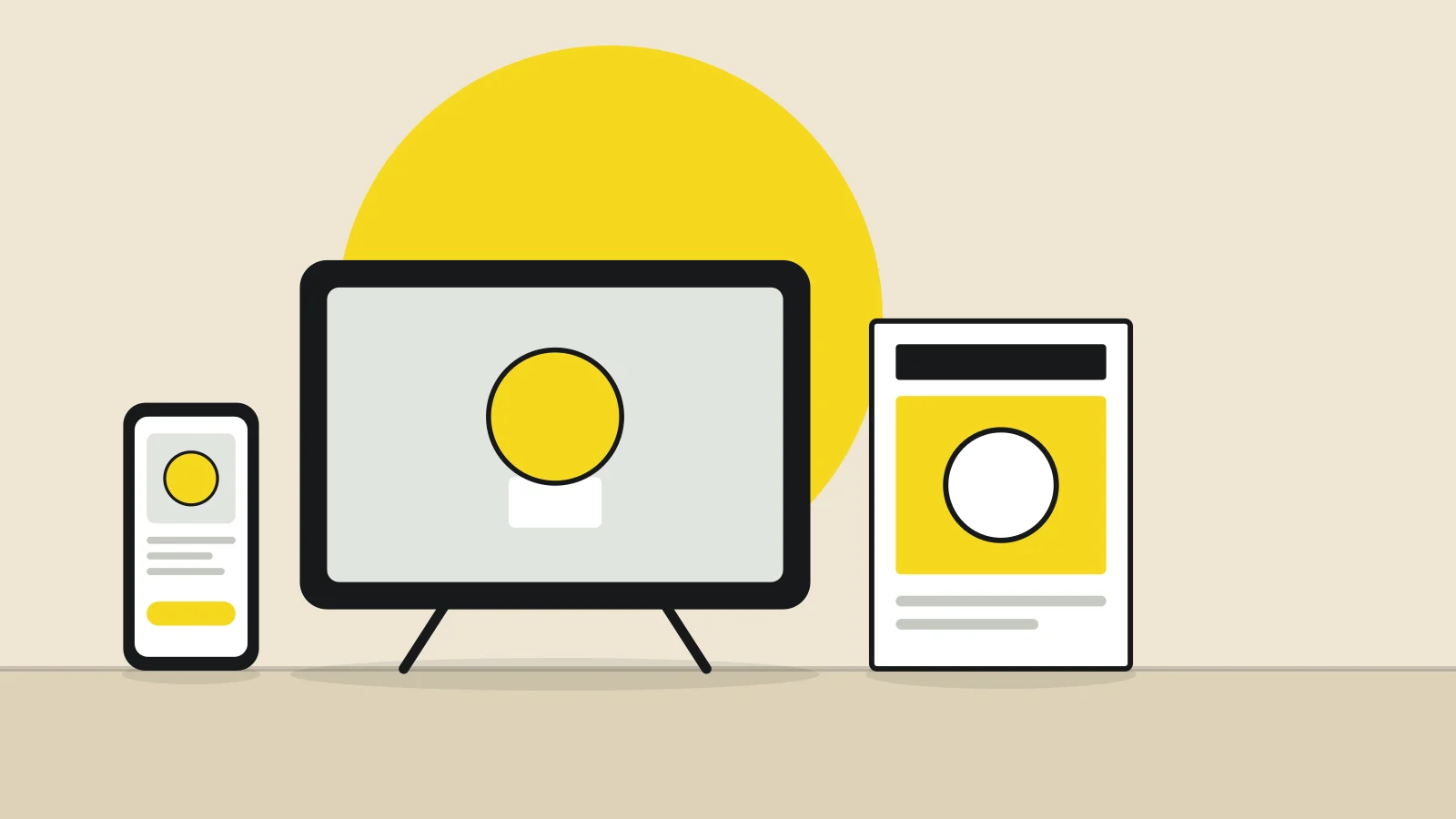 Illustration: a television, a magazine and a smartphone showing a product page on a tabletop against a sand-colored background, with a yellow accent