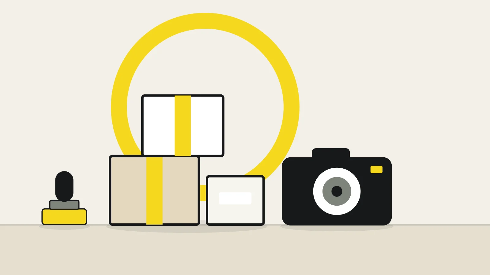 Illustration: stacked parcels, a camera and a stamp on a tabletop against a cream background, with a yellow accent