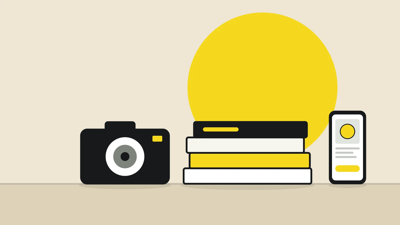 Illustration: a stack of magazines, a camera and a smartphone showing a product page on a tabletop against a sand-colored background, with a yellow accent