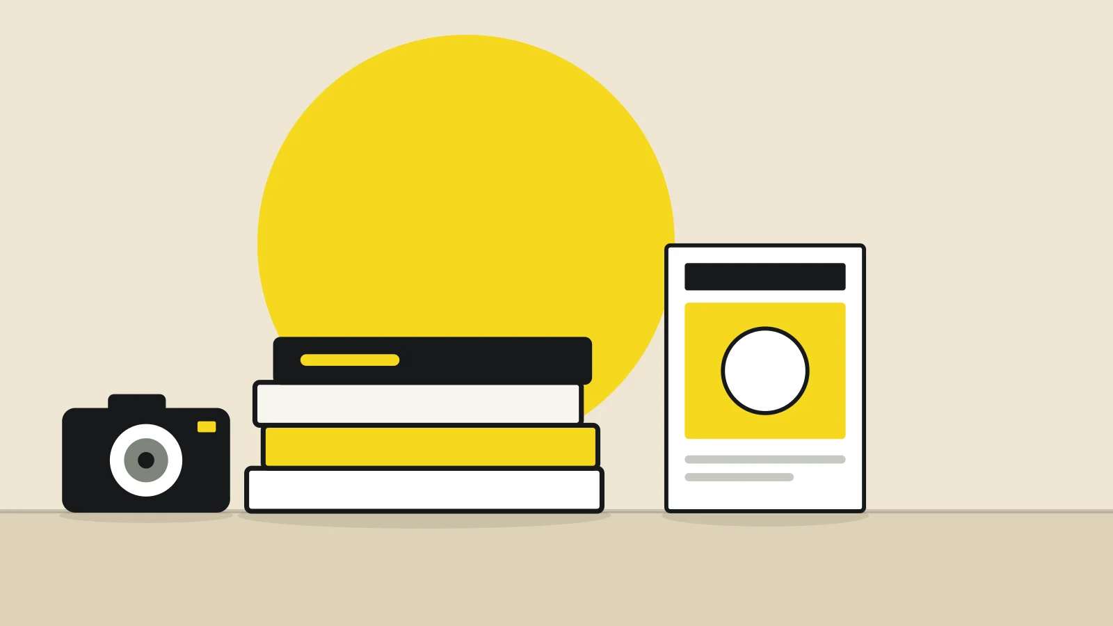 Illustration: a stack of magazines, a magazine and a camera on a tabletop against a sand-colored background, with a yellow accent