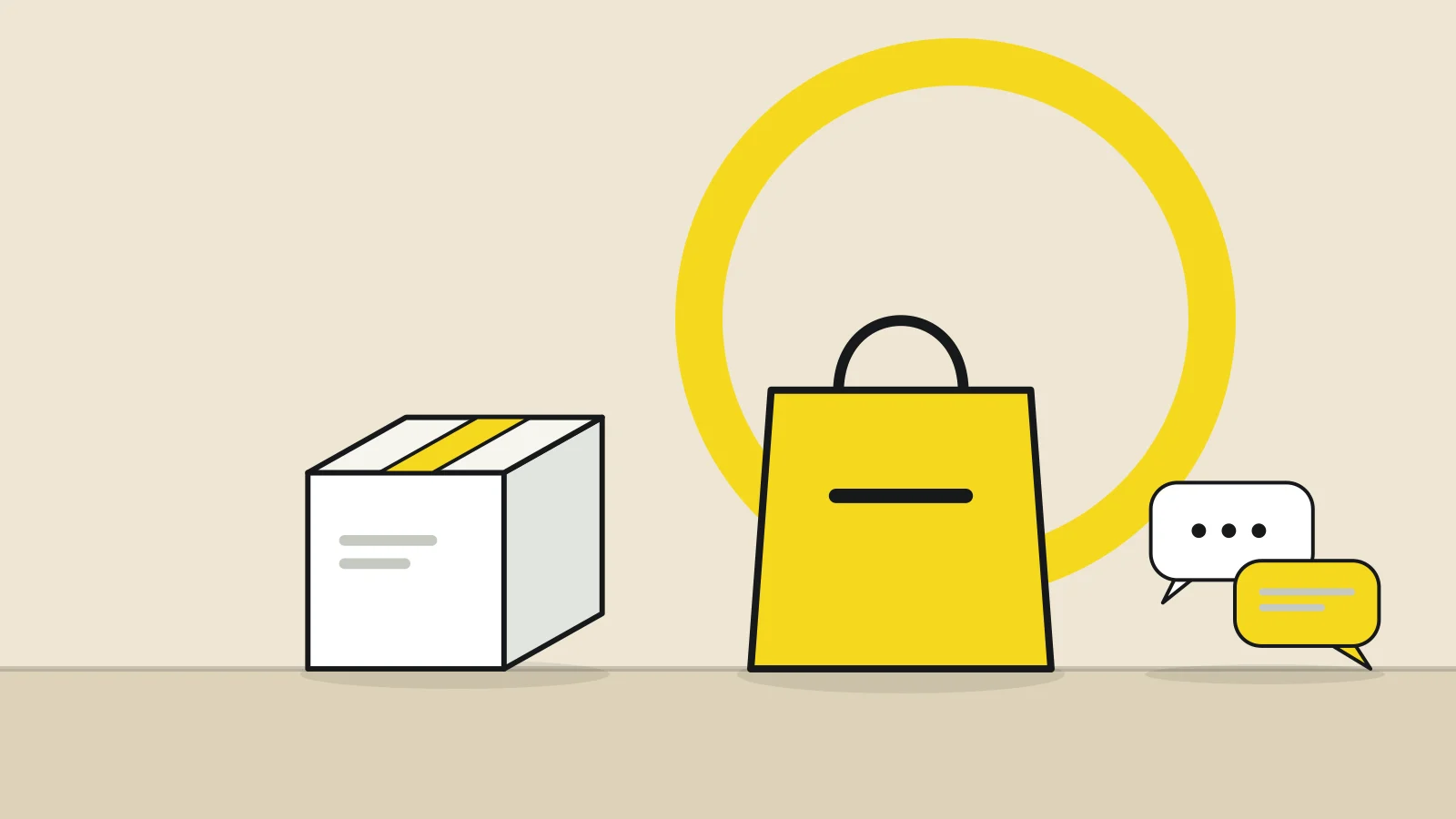 Illustration: a shopping bag, a product box and two speech bubbles on a tabletop against a sand-colored background, with a yellow accent