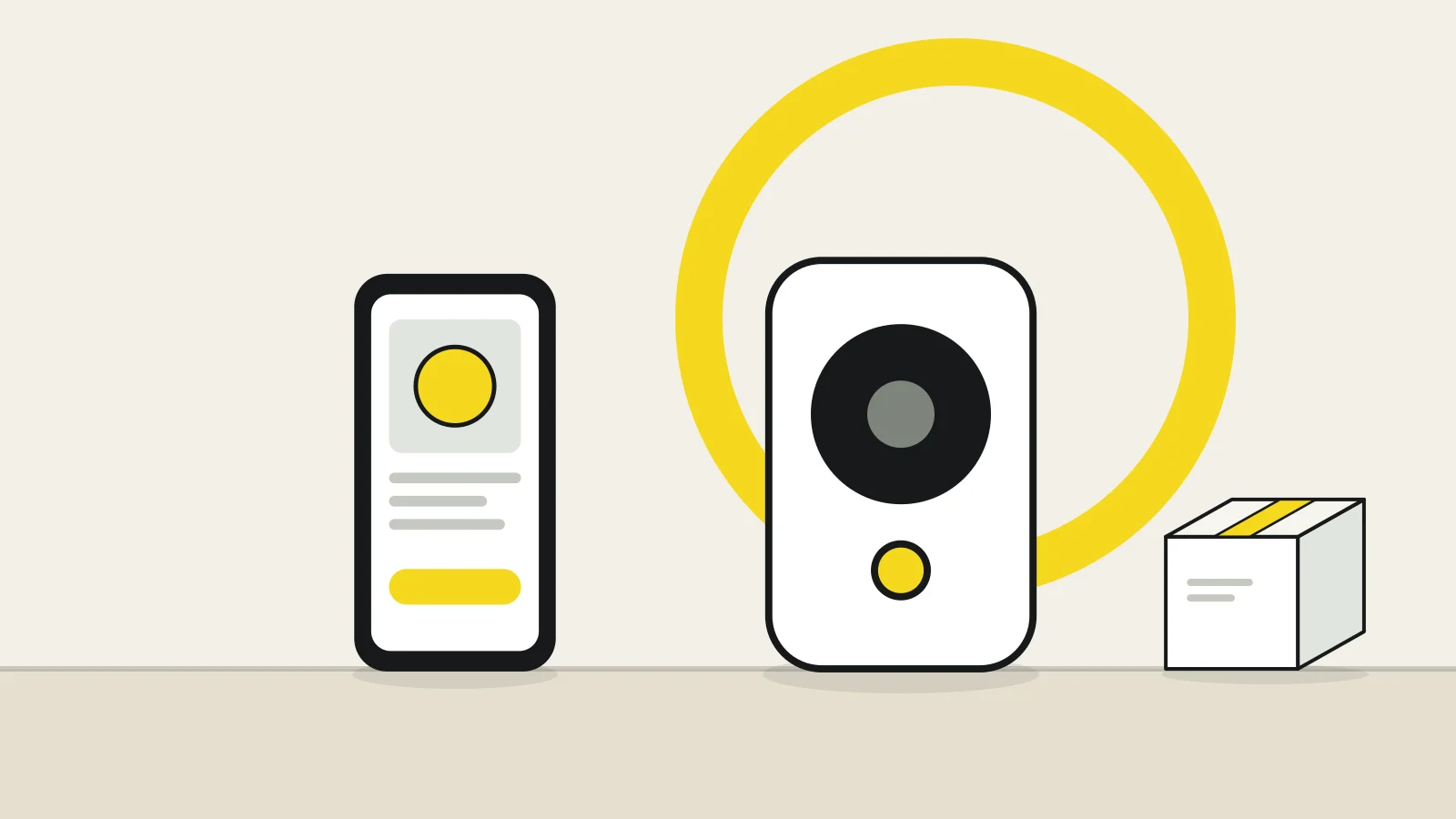 Illustration: a compact speaker, a smartphone showing a product page and a product box on a tabletop against a cream background, with a yellow accent