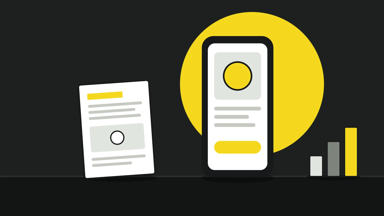 Illustration: a smartphone showing a product page, a press release sheet and a bar chart on a tabletop against a dark background, with a yellow accent