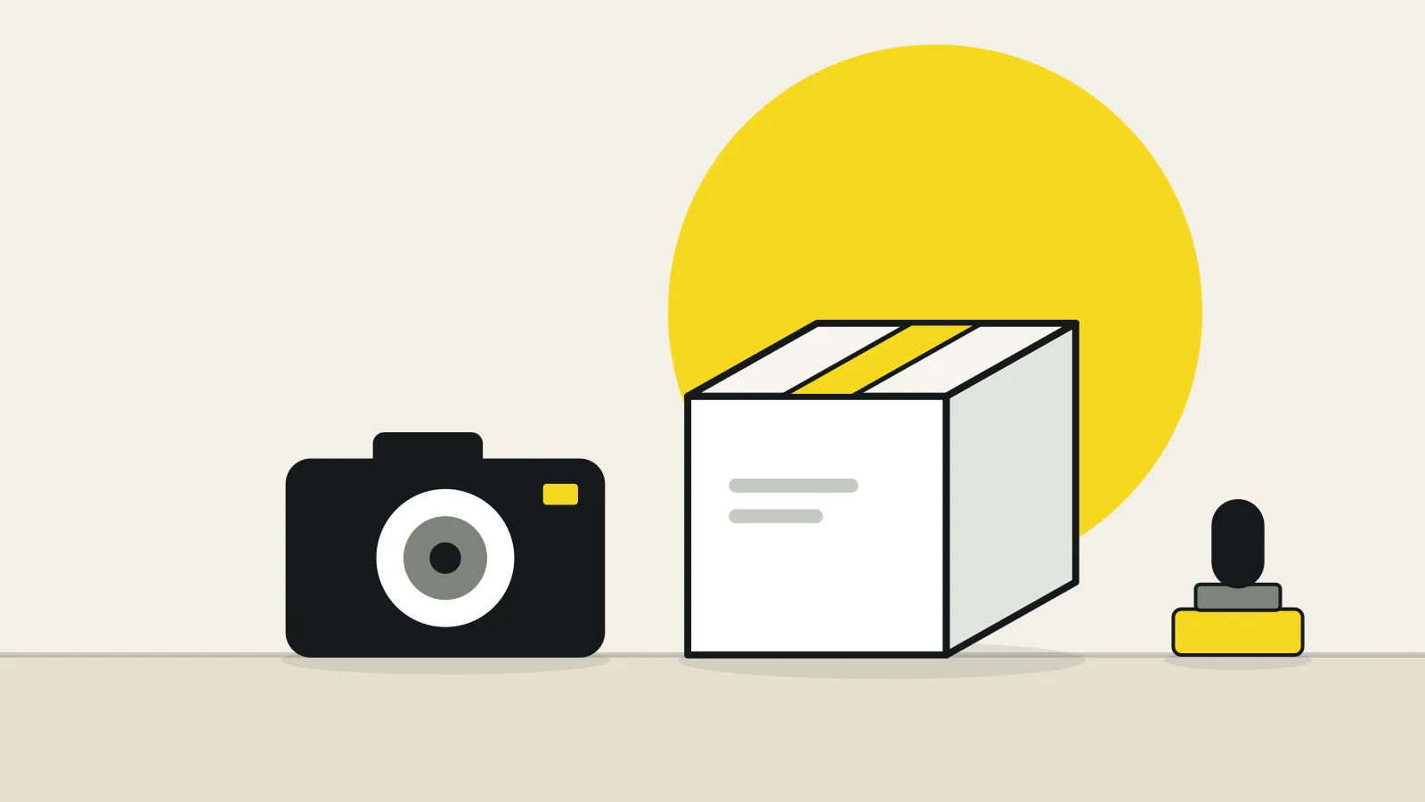 Illustration: a product box, a camera and a stamp on a tabletop against a cream background, with a yellow accent