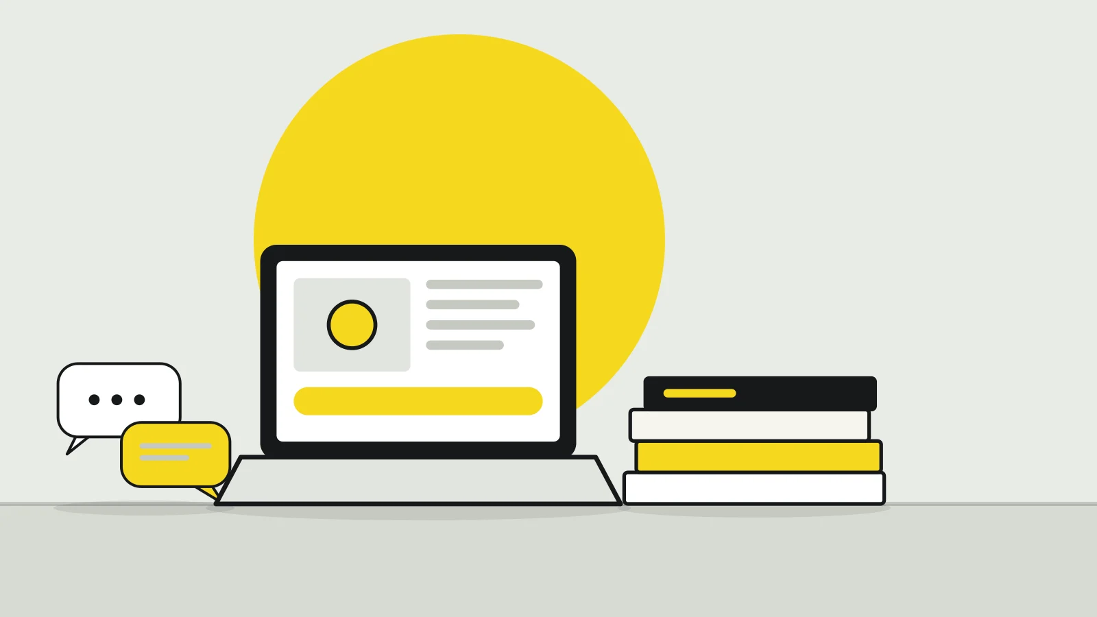 Illustration: a laptop, a stack of magazines and two speech bubbles on a tabletop against a pale grey background, with a yellow accent
