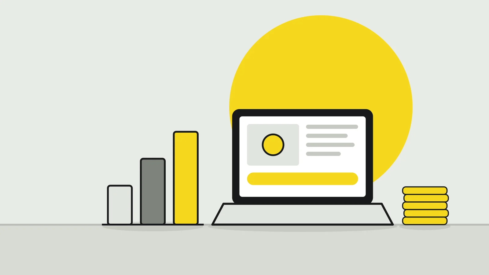 Illustration: a laptop, a bar chart and a stack of coins on a tabletop against a pale grey background, with a yellow accent