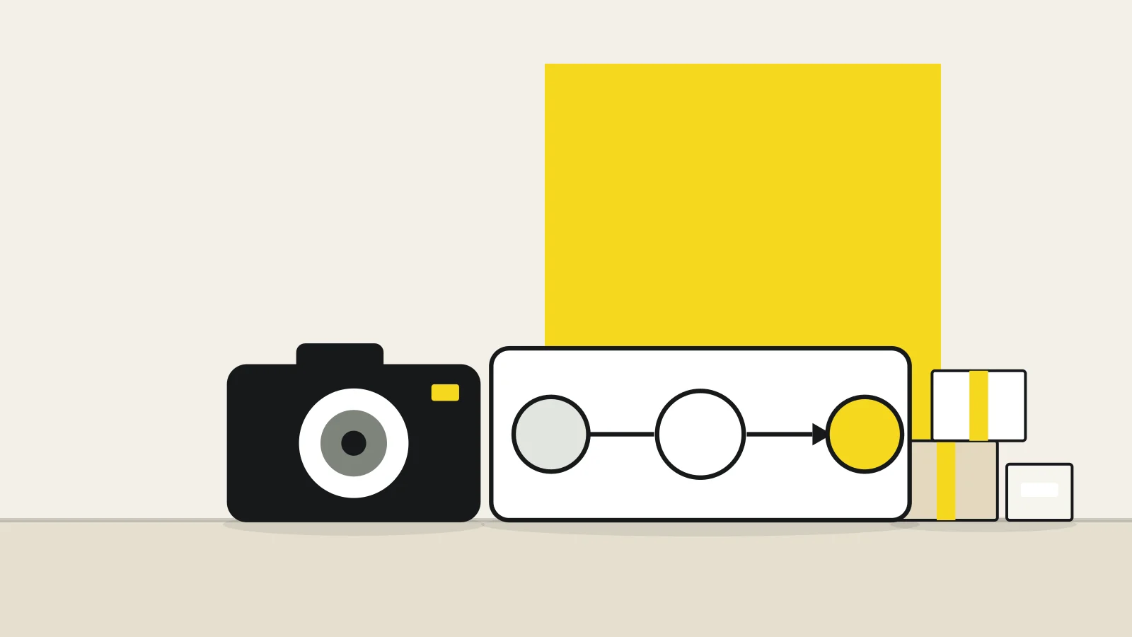 Illustration: a card showing three connected steps, a camera and stacked parcels on a tabletop against a cream background, with a yellow accent