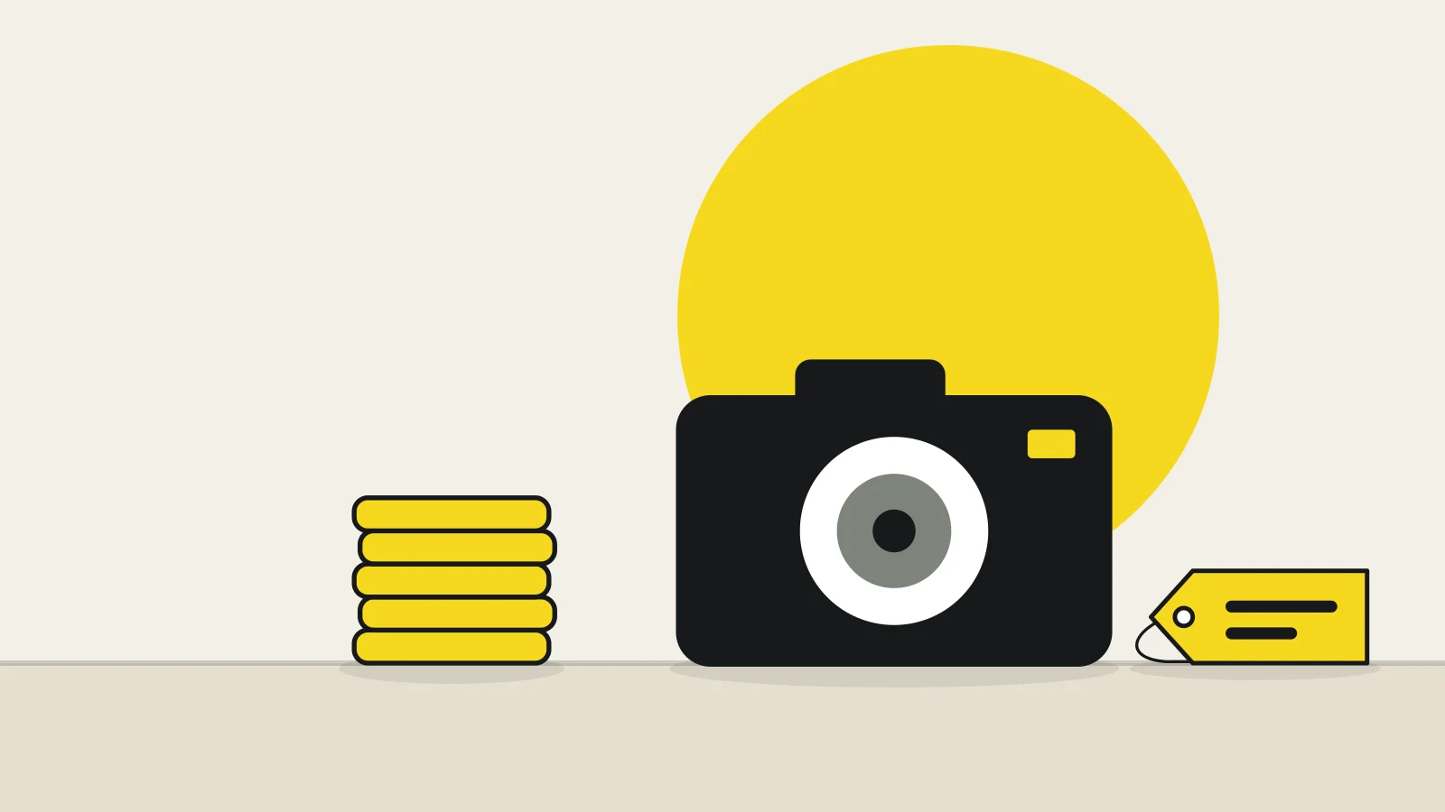 Illustration: a camera, a stack of coins and a price tag on a tabletop against a cream background, with a yellow accent