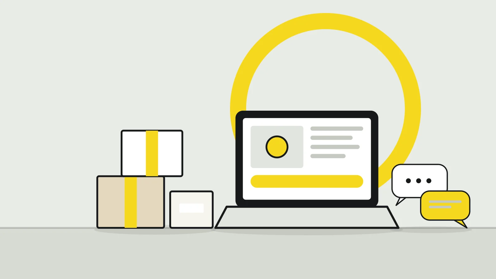 Illustration: a laptop, stacked parcels and two speech bubbles on a tabletop against a pale grey background, with a yellow accent