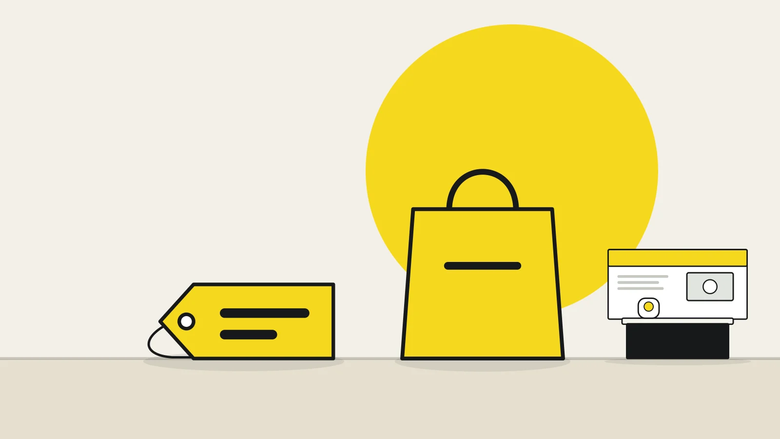 Illustration: a shopping bag, a price tag and an exhibition booth on a tabletop against a cream background, with a yellow accent