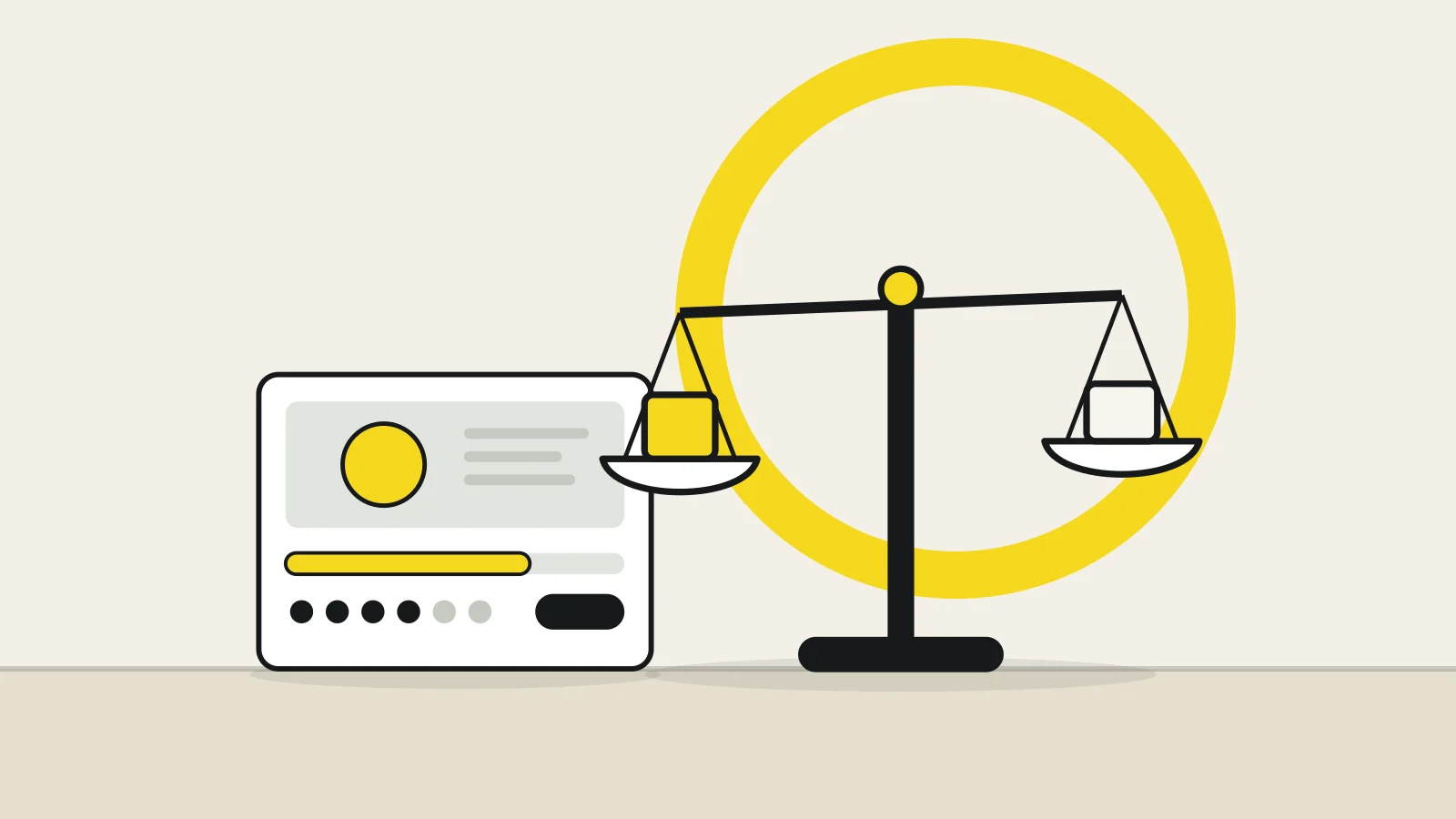 Illustration: a balance scale and a crowdfunding campaign card with a progress bar on a tabletop against a cream background, with a yellow accent