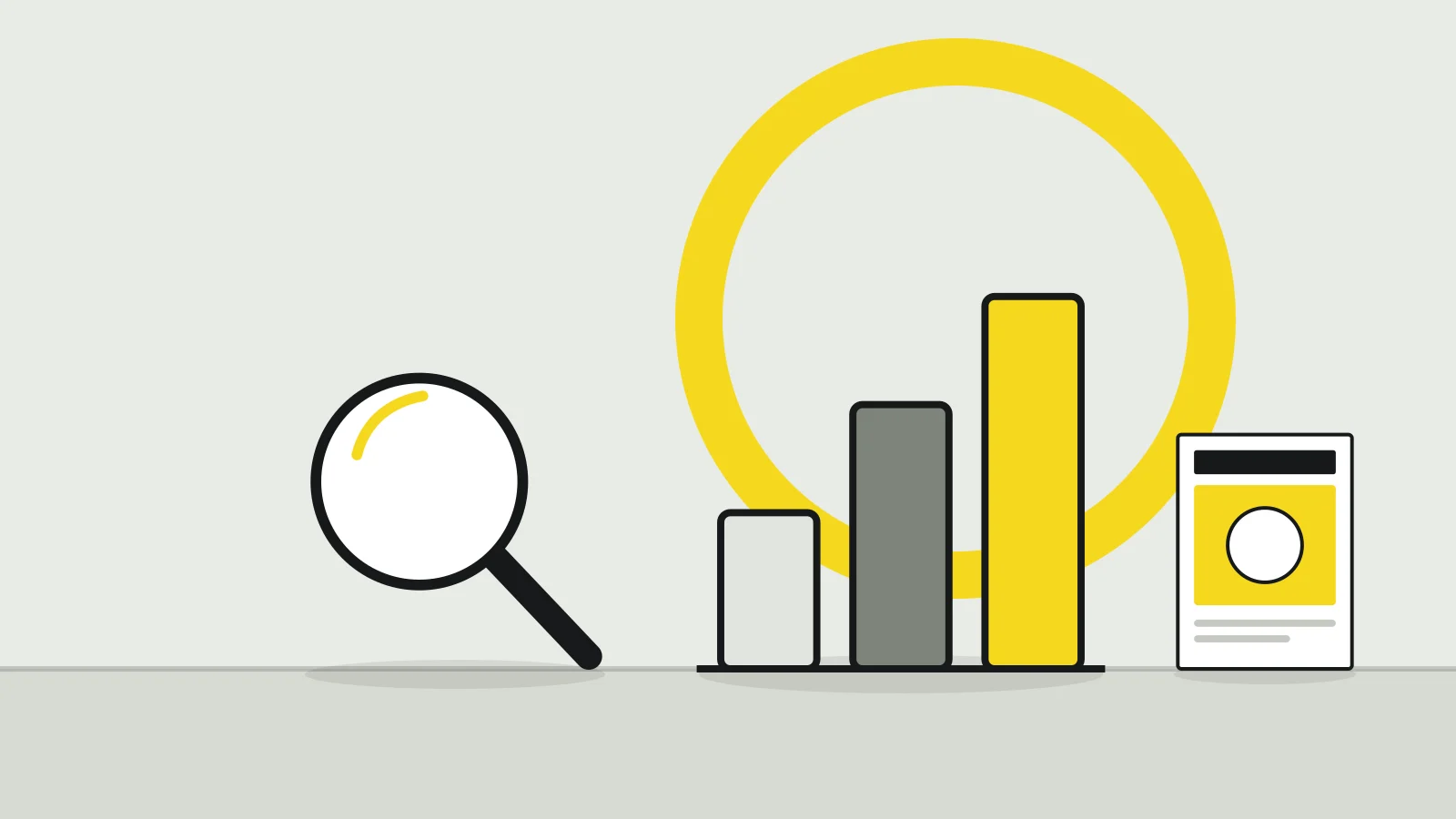 Illustration: a bar chart, a magnifying glass and a magazine on a tabletop against a pale grey background, with a yellow accent