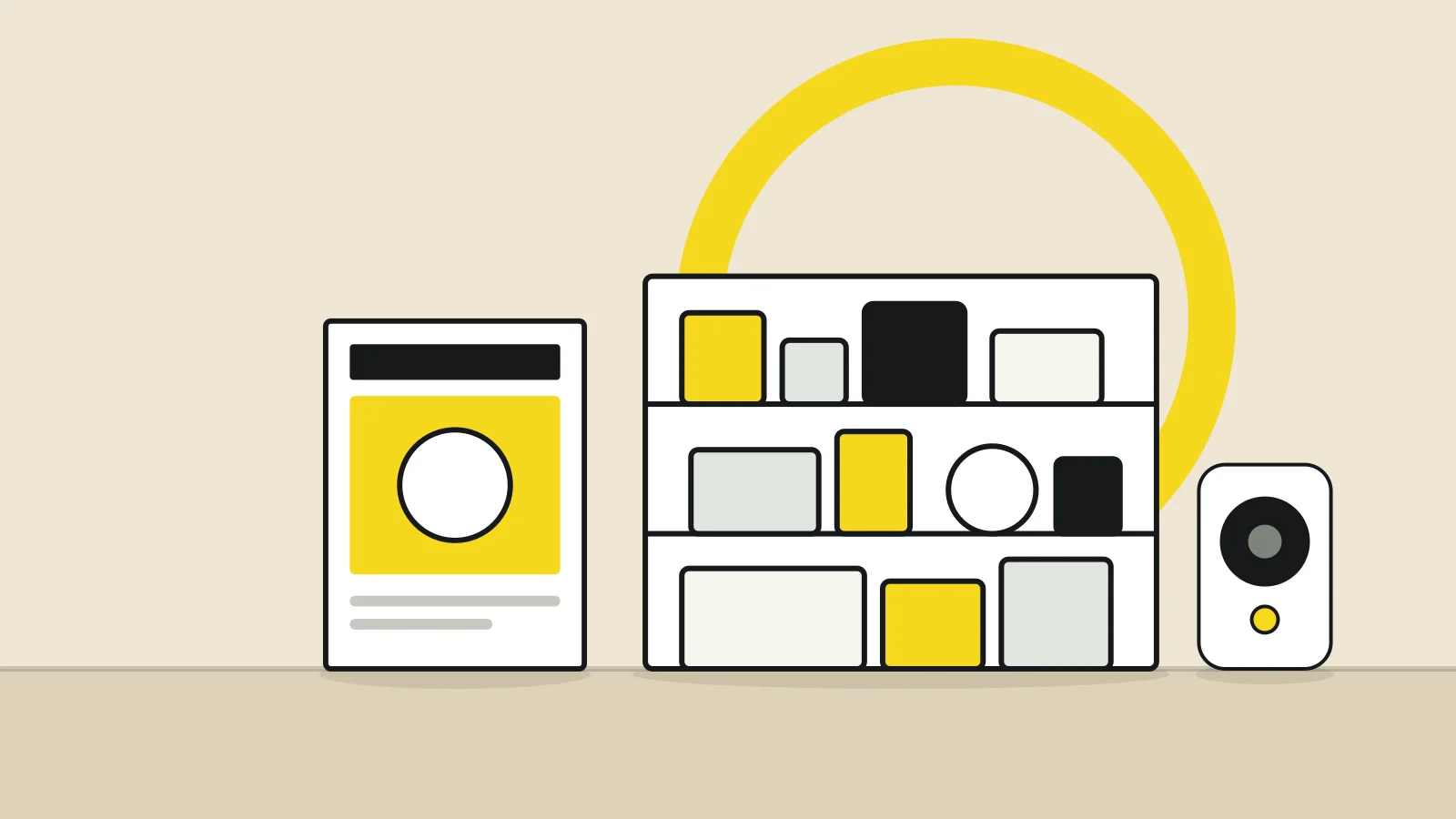 Illustration: a store shelf with products, a magazine and a compact speaker on a tabletop against a sand-colored background, with a yellow accent