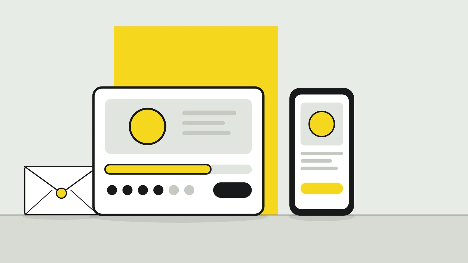 Illustration: a crowdfunding campaign card with a progress bar, a smartphone showing a product page and an envelope on a tabletop against a pale grey background, with a yellow accent