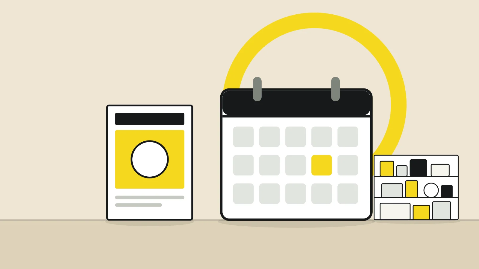 Illustration: a calendar, a magazine and a store shelf with products on a tabletop against a sand-colored background, with a yellow accent