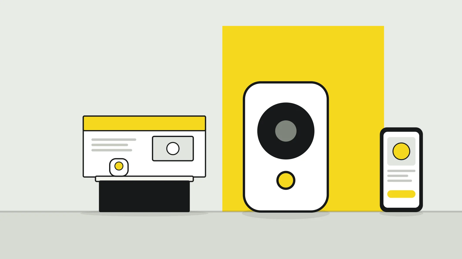 Illustration: a compact speaker, an exhibition booth and a smartphone showing a product page on a tabletop against a pale grey background, with a yellow accent