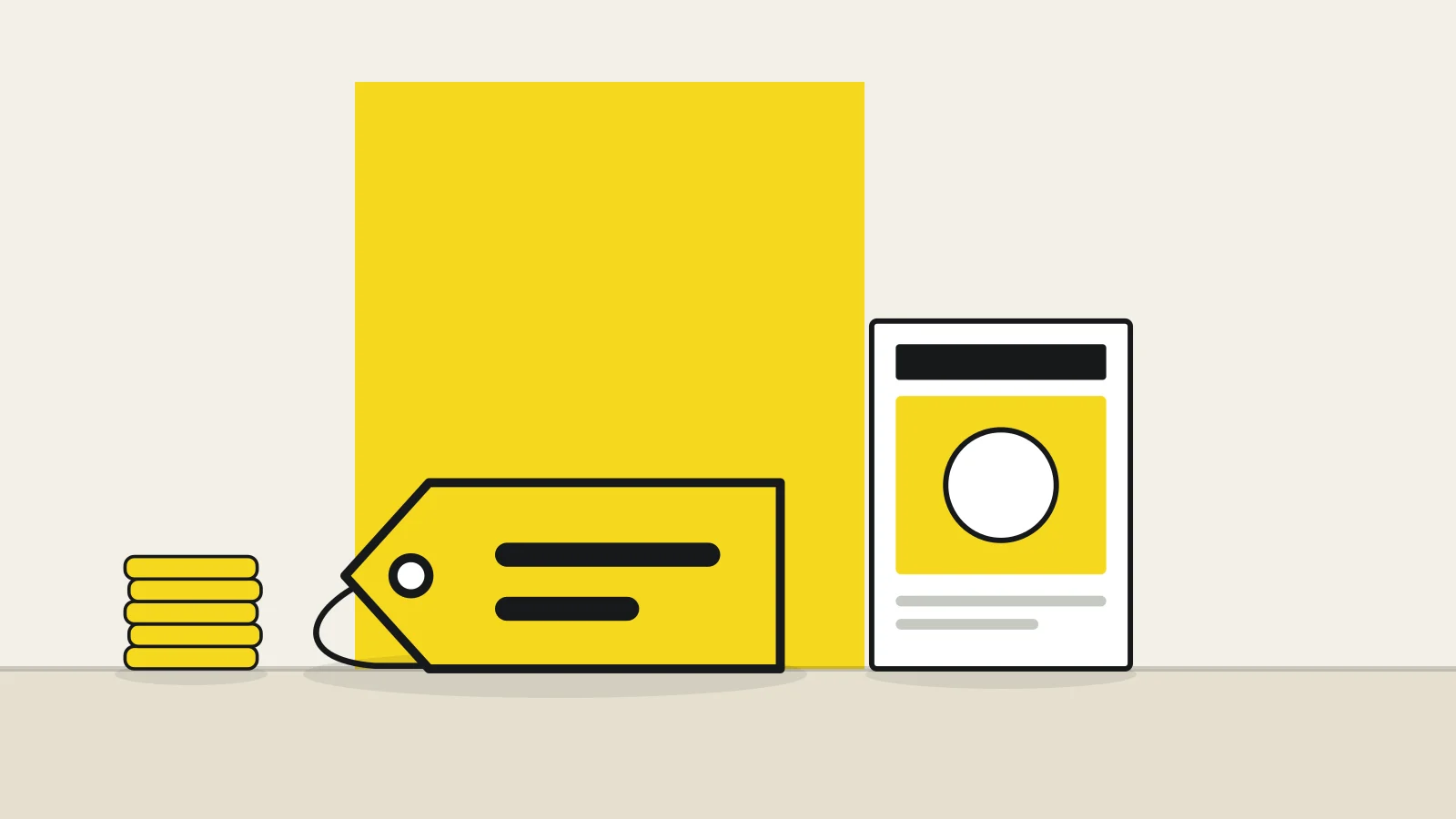 Illustration: a price tag, a magazine and a stack of coins on a tabletop against a cream background, with a yellow accent