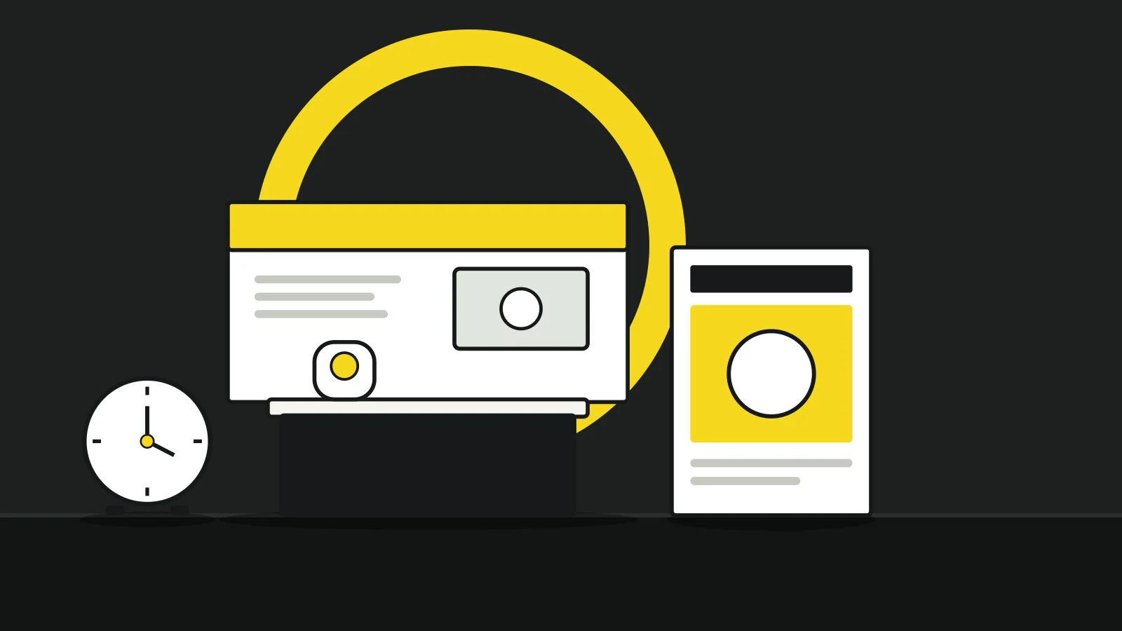 Illustration: an exhibition booth, a magazine and a desk clock on a tabletop against a dark background, with a yellow accent