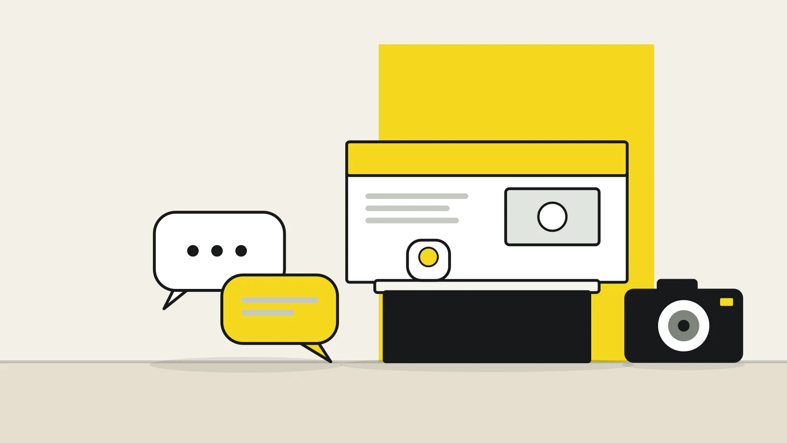 Illustration: an exhibition booth, two speech bubbles and a camera on a tabletop against a cream background, with a yellow accent