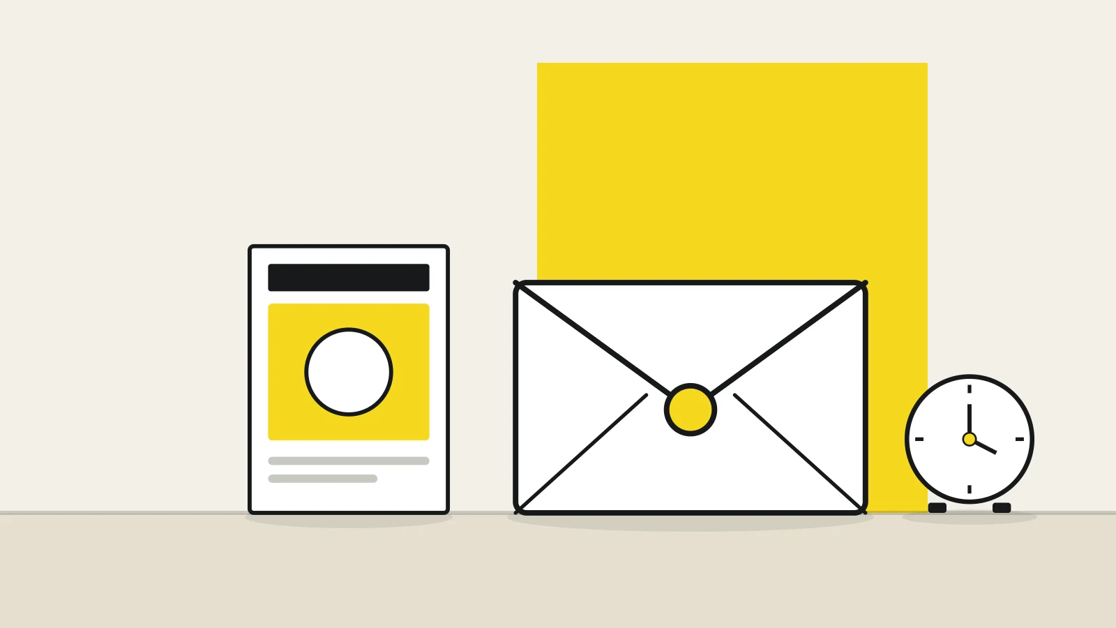 Illustration: an envelope, a magazine and a desk clock on a tabletop against a cream background, with a yellow accent