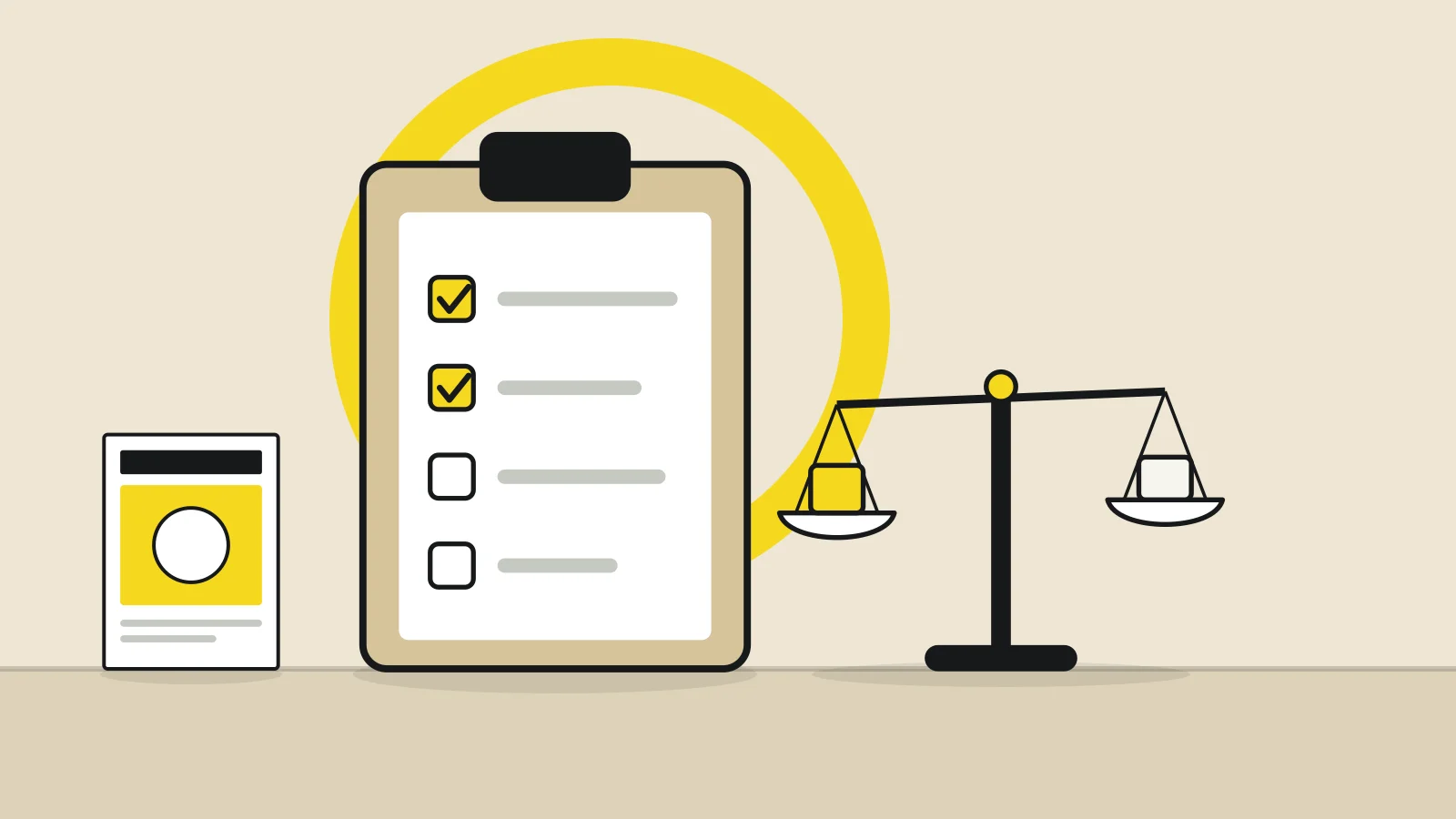 Illustration: a clipboard with a checklist, a balance scale and a magazine on a tabletop against a sand-colored background, with a yellow accent