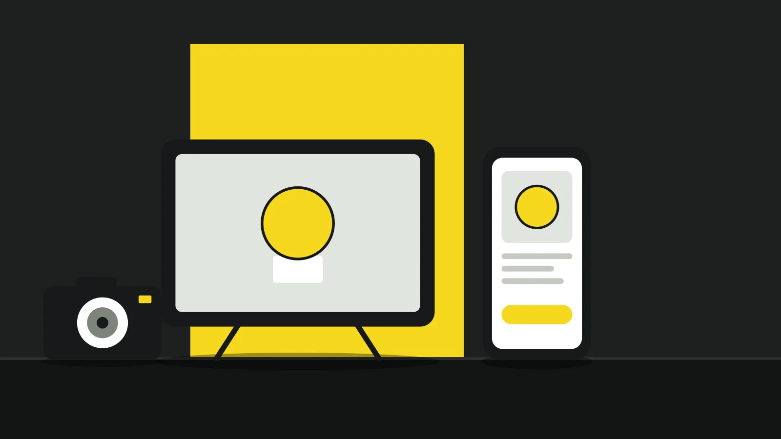 Illustration: a television, a smartphone showing a product page and a camera on a tabletop against a dark background, with a yellow accent