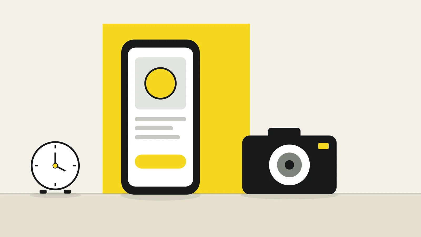 Illustration: a smartphone showing a product page, a camera and a desk clock on a tabletop against a cream background, with a yellow accent